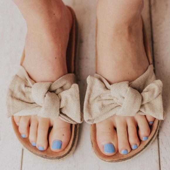 Beige Slip On Linen Fabric Bow Sandals - Picture 7 of 14